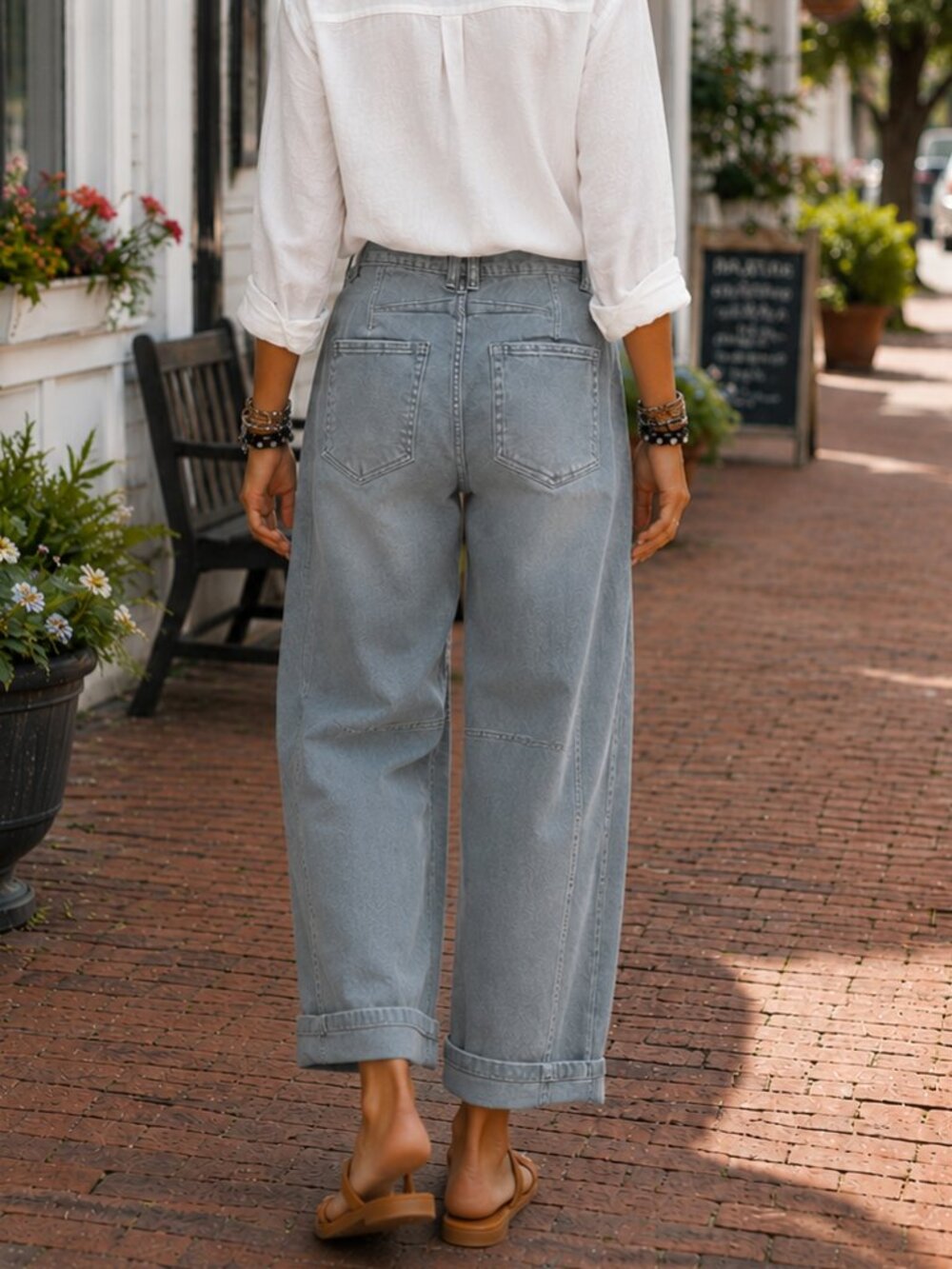 NWT Zenana Barrel Leg Stretch Denim Jeans Ash Blue High Rise Cuffed Wide Leg - Picture 3 of 8